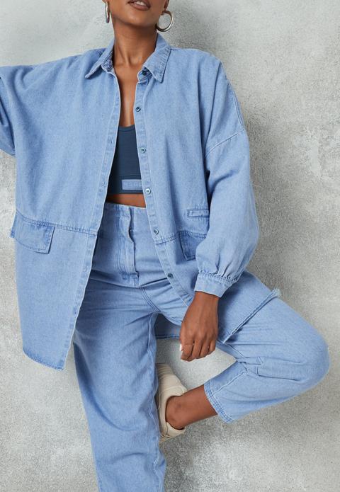 Bleu Clair Chemise Oversize Bleue Avec Poches