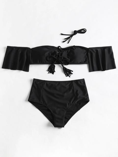 Bikini A Spalla Fredda Con Balze Stringate