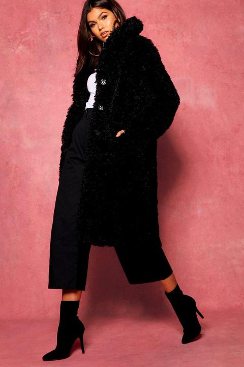 Womens Premium Teddy Faux Fur Longline Coat - Black - 12