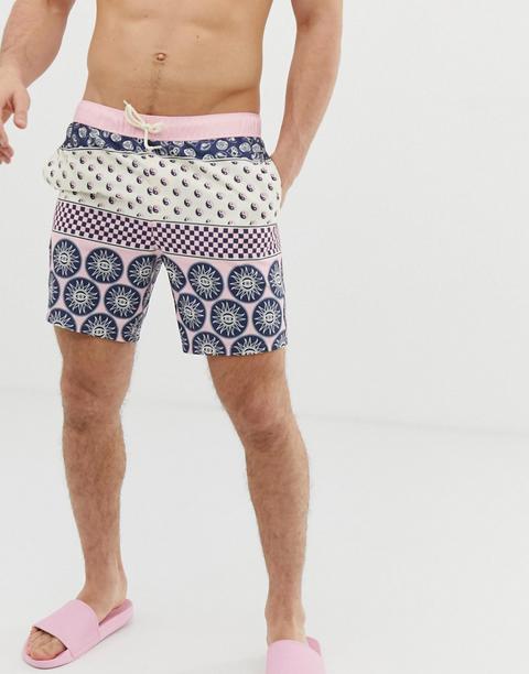 Asos Design Swim Shorts In Washed Out Print Mid Length - Pink