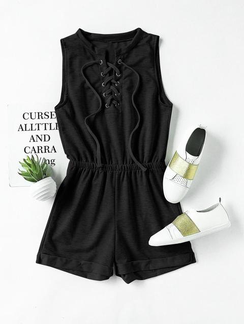 Eyelet Lace Up Cuffed Slub Romper