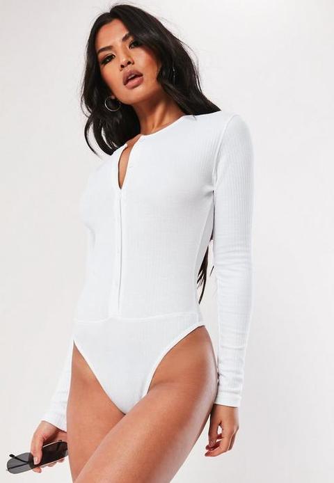 Tall White Button Front Ribbed Bodysuit, White