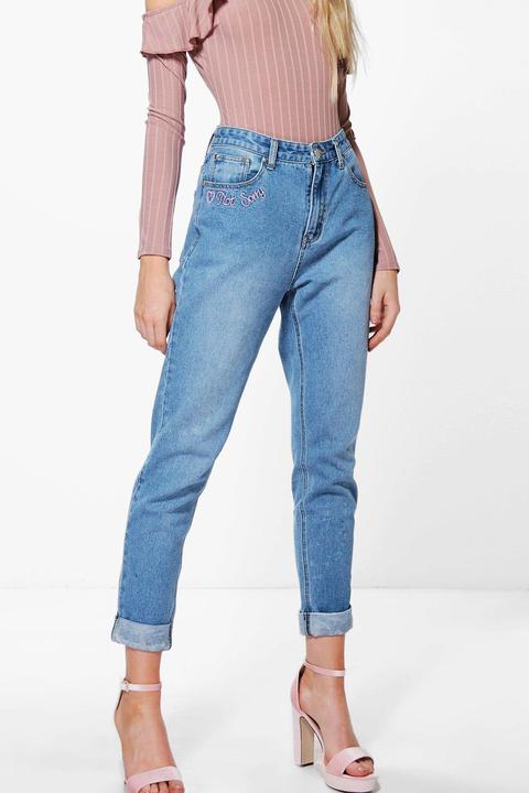 Sophie High Waist Slogan Hem Mom Jeans