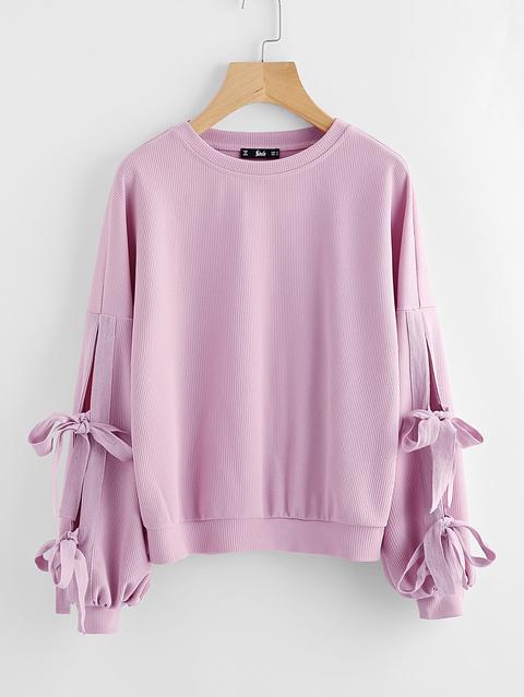 Bow Tie Split Sleeve Ribbed Sweatshirt