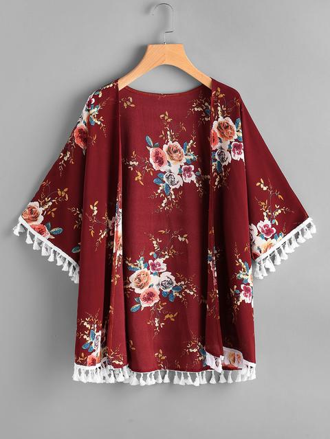 Floral Print Random Tassel Hem Kimono