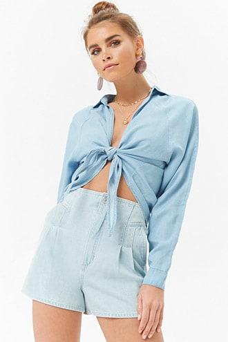 Forever 21 Chambray Tie-front Shirt Medium Denim