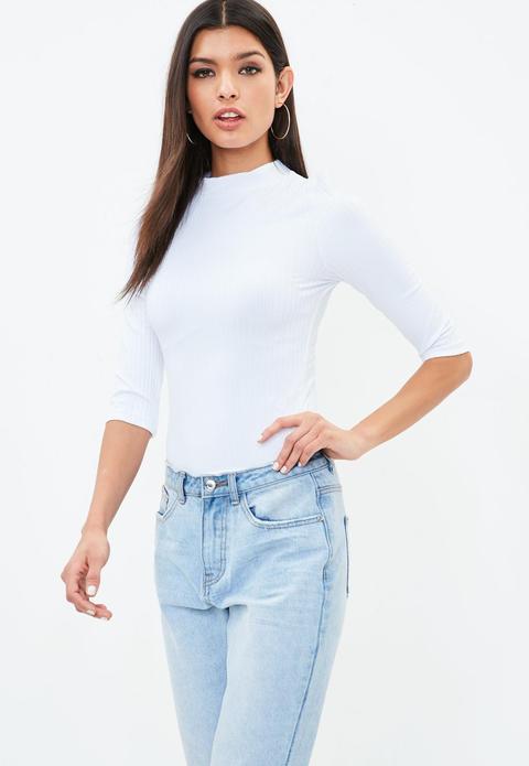 White 3/4 Sleeve Ribbed Top, White