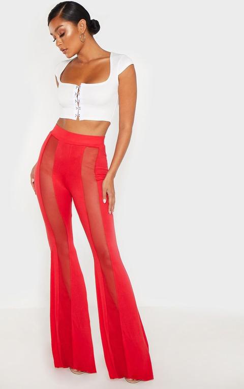 Red Mesh Front Panel Flared Trousers