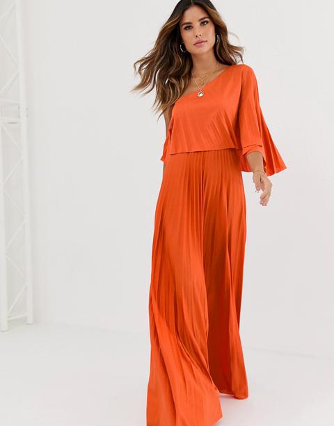 Asos Design - Robe Longue Asymétrique Avec Corsage Court Plissé-orange