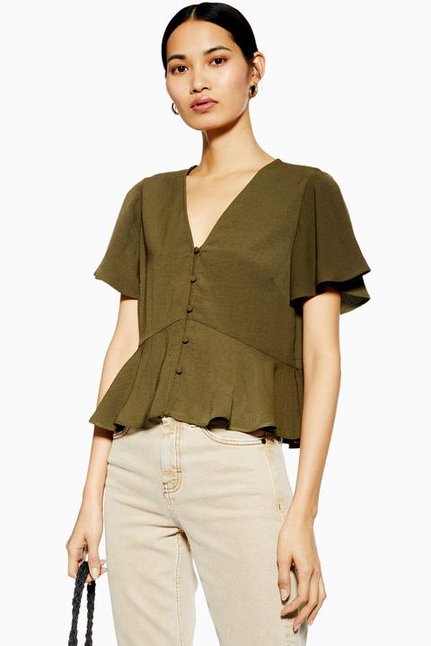 Womens Button Down Short Sleeve Blouse - Khaki, Khaki