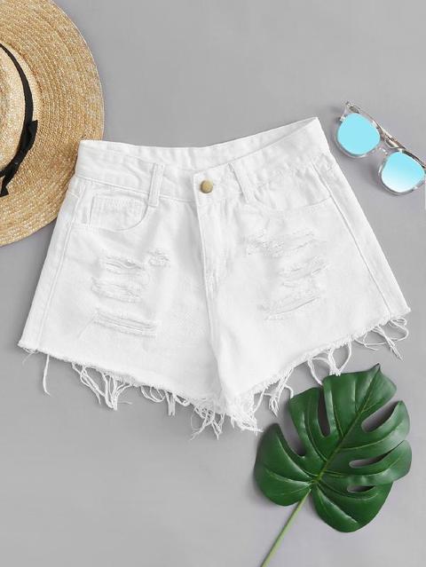 Shorts In Denim Strappati Orlo Sfilacciato