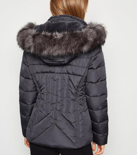 Dark Grey Faux Fur Hood And Lining Fitted Puffer Jacket New Look