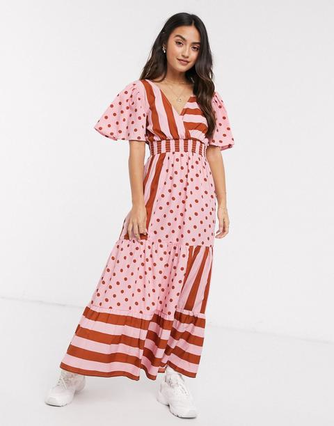 Asos Design V Front V Back Maxi Dress With Shirred Waist In Spot And Stripe Print-multi