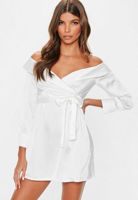 White Satin Bardot Tie Dress, Cream