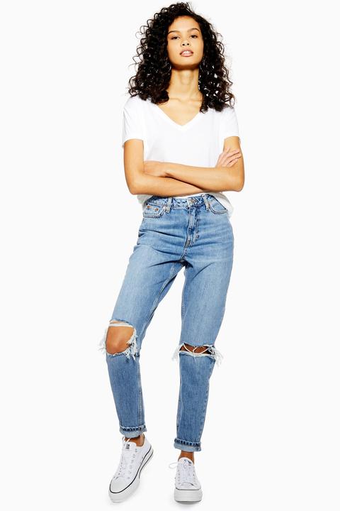 Womens Mid Blue Double Knee Ripped Mom Jeans - Mid Stone, Mid Stone