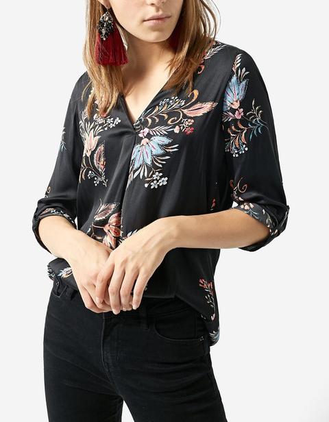 Camicia Lunga A Fiori Maniche A 3/4 Con Scollo A V Nero