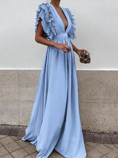 Maxi Dress Abito Da Sera V-collo Profondo Con Pieghe Arricciate Elegante Azzurro