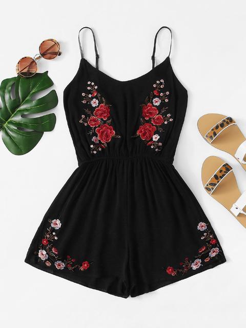 Flower Embroidered Cami Romper