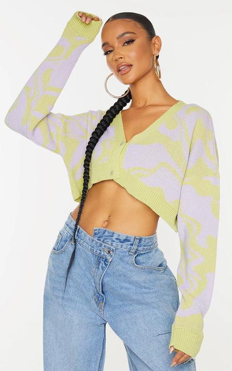 Green Swirl Button Cropped Cardigan