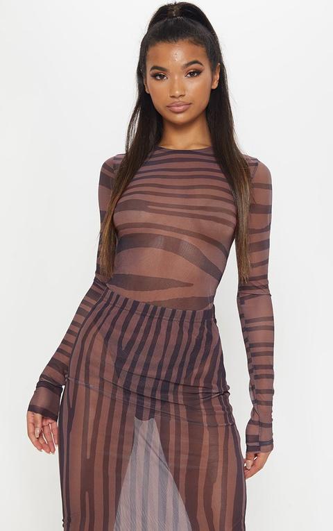 Brown Printed Mesh Long Sleeve Bodysuit 