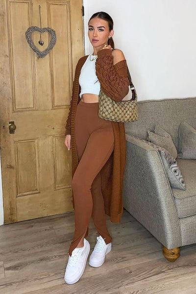 Brown Ribbed Side Split Leggings - Enzie