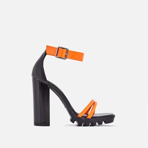 Yedda Cleated Sole Block Heel In Black And Orange Patent, Orange