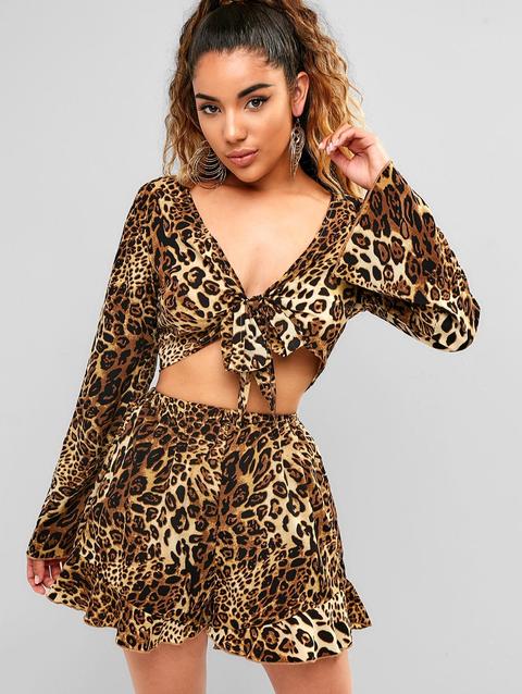 Tie Front Leopard Top E Shorts Set Leopard