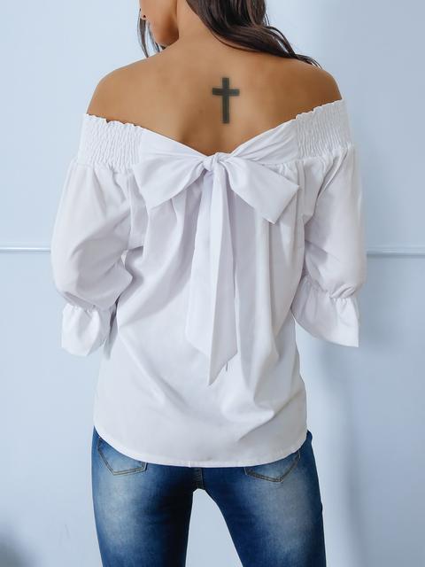 Shirring Off Shoulder Bow Tie Flared Casual Blouse