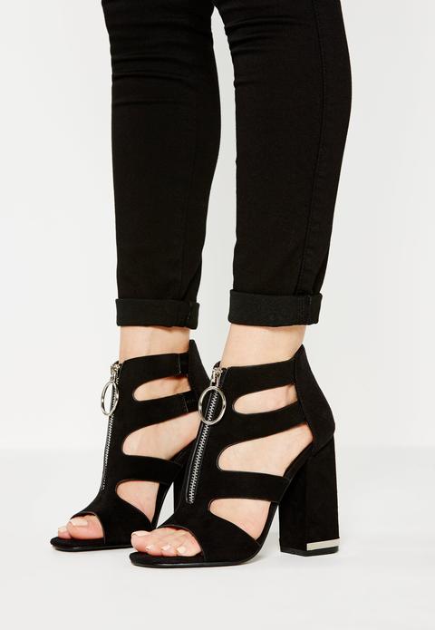 Black Pull Ring Block Heel Sandals