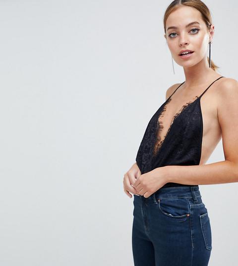 Asos Design Petite - Body Con Pizzo E Stringhe Sul Retro - Nero