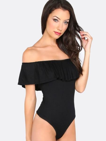 Bodysuit Increspato Spalle Scoperte - Nero