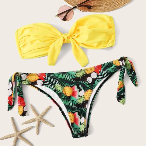 Bikini Tropicale Con Nodo Laterale E Bandeau Con Nodo Frontale