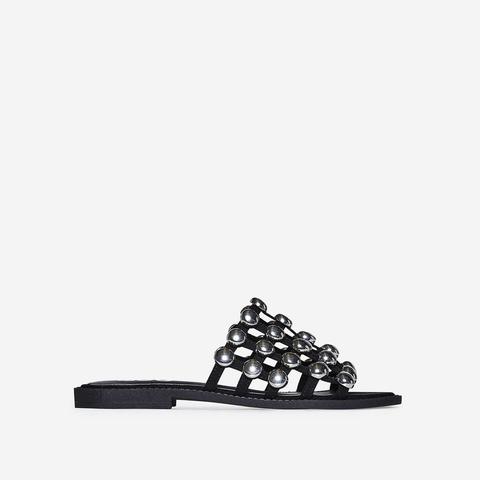 Hazel Silver Studded Detail Slider In Black Faux Suede, Black