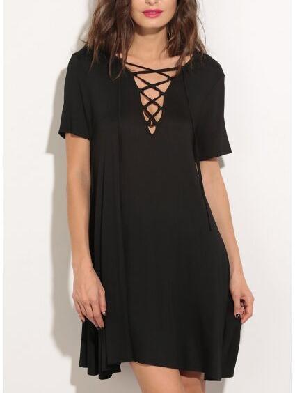 Black V Neck Lace Up T Shirt Dress