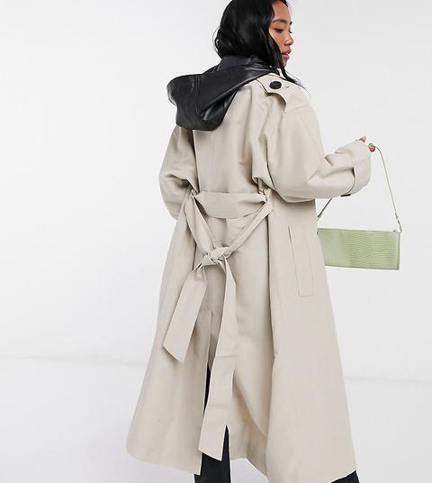 Asos Design Petite Trench Coat With Detachable Leather Look Hood In Stone-neutral