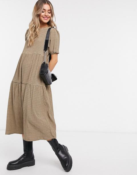 Asos Design Midi Tiered Smock Dress In Camel And Black Grid Print-brown