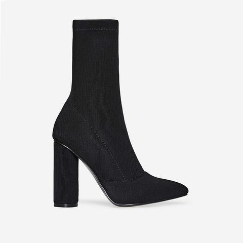 Rose Ribbed Block Heel Sock Boot In Black Knit, Black