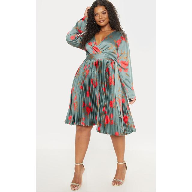 emerald green floral pleated midi dress