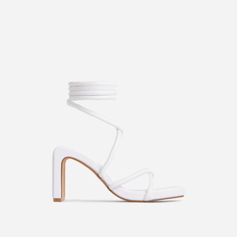 Lana Strappy Chunky Lace Up Square Toe Thin Low Block Heel In White Faux Leather, White