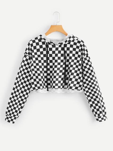 Gingham Drawstring Crop Hooded Tee