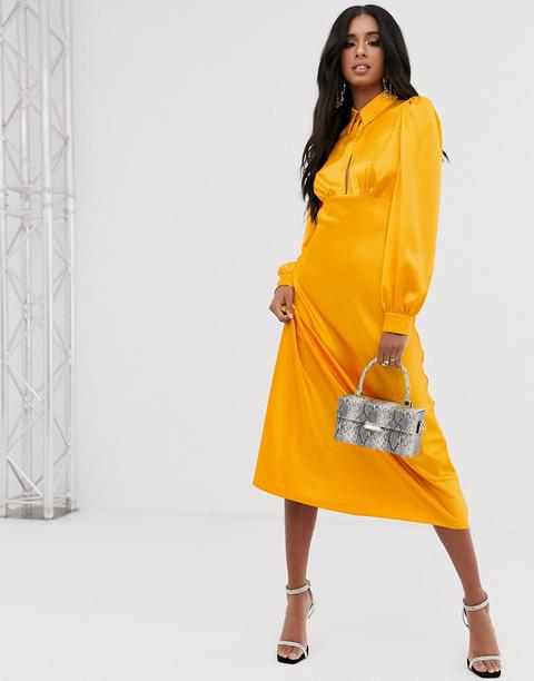 Asos Design Maxi Satin Tea Dress With Collar-yellow