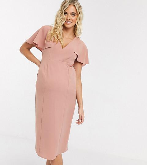 Vestido Recto Midi Con Cuello De Pico Y Mangas Ángel En Rosa De Asos Design Maternity