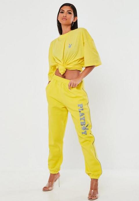 Playboy X Missguided Yellow Reflective Oversized Joggers, Lime