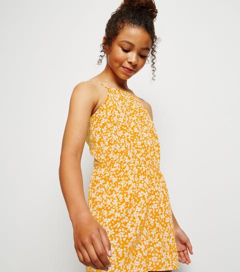 Girls Orange Floral High Neck Playsuit 