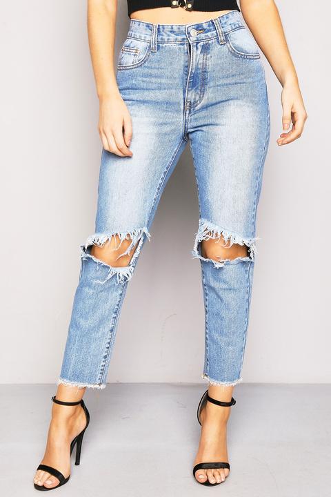 Blue Frayed Knee Raw Hem Mom Jeans