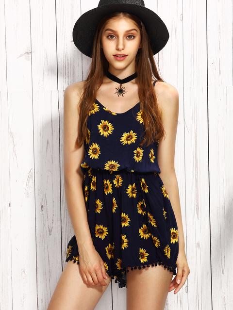 Navy Sunflower Print Pom Pom Trim Cami Romper