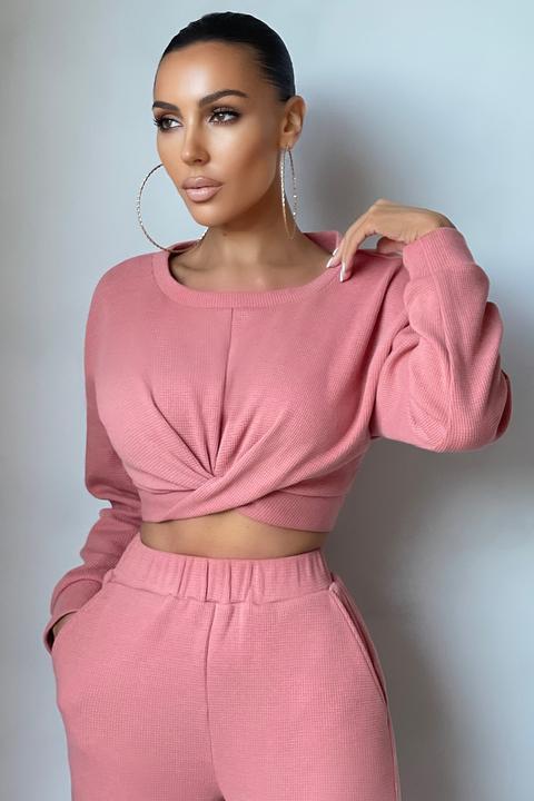 Got Me Twisted | Coral Crew Neck Twist Front Cropped Sweat Top