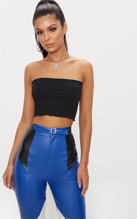 Black Rib Frill Hem Bandeau Crop Top