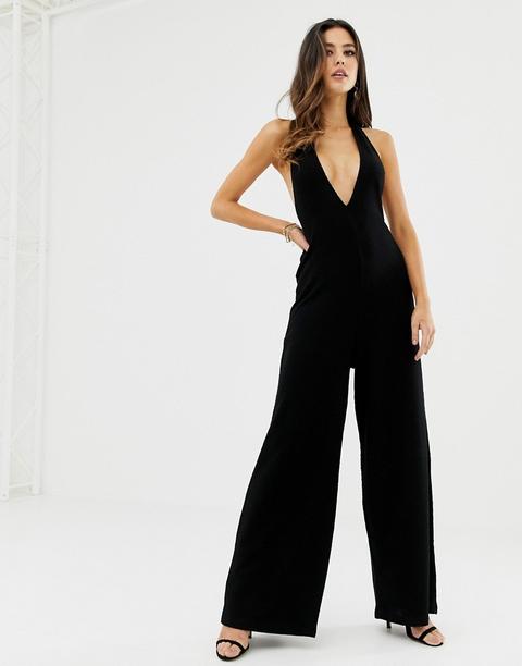 Asos Design - Tuta Jumpsuit Allacciata Al Collo Con Scollo Profondo - Nero