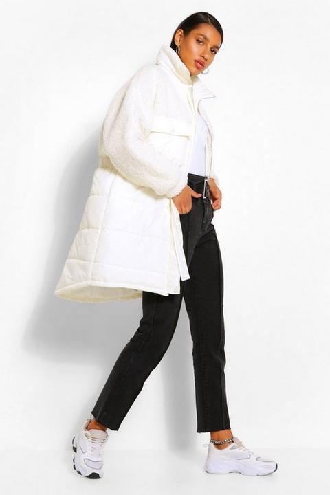 Womens Teddy Faux Fur Mix Longline Belted Puffer Jacket - White - 16, White